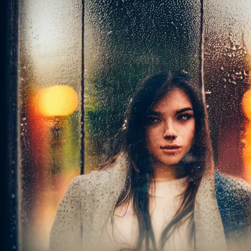 Prompt: a beautiful people photographed through a rainy window, bokeh, cinematic light,