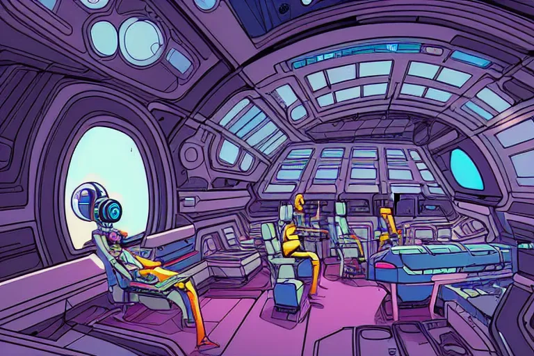 Prompt: a scifi illustration, hyper detailed spaceship interior. epic composition. flat colors, limited palette in FANTASTIC PLANET La planète sauvage animation by René Laloux