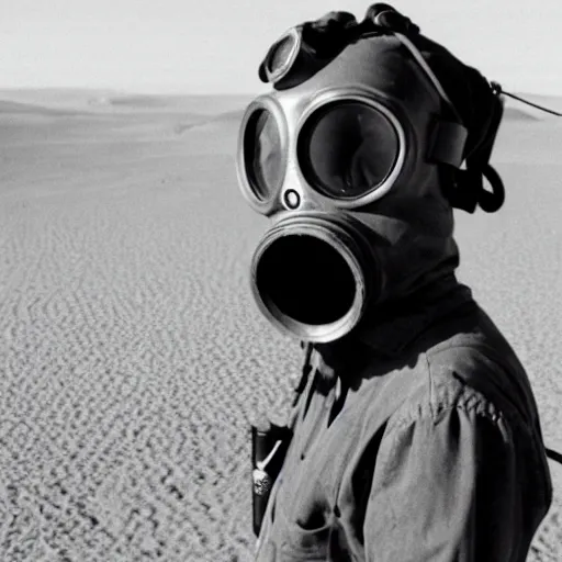 Prompt: a man wearing a pilot gasmask, with long air tubes, straps, heavy equipment, in the desert, film still, arriflex 35