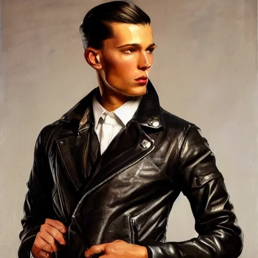 Image similar to fashion model with leather jacket painted by leyendecker, oil painting, 4 k, detailed, artstation