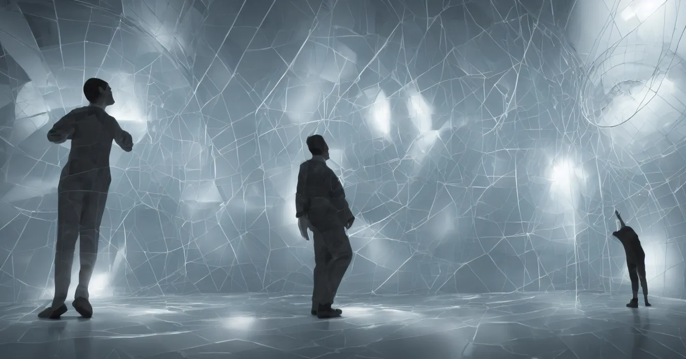 Prompt: realistic imagination of scientist being sucked into glass refractive statue of big tesseract, in small room, opening new space dimensions, difractions of light, full of reflections, volumetric light, dark atmosphere, dramatic cinematic composition, desperate pose, deep depth, defocus, rendered in vray, raytracing, raymarching