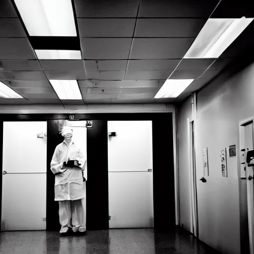 Image similar to a sad surgeon standing in an empty operating theater, award winning photography, law of thirds, black and white