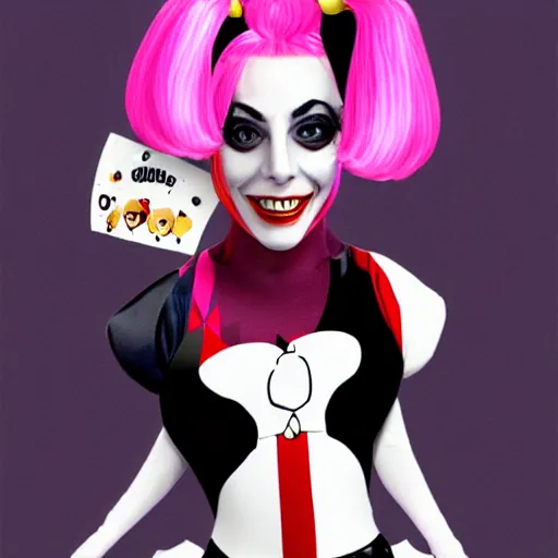 Prompt: an happy lady gaga in harley quinn pupyplush doll, background dark, portrait, 8k