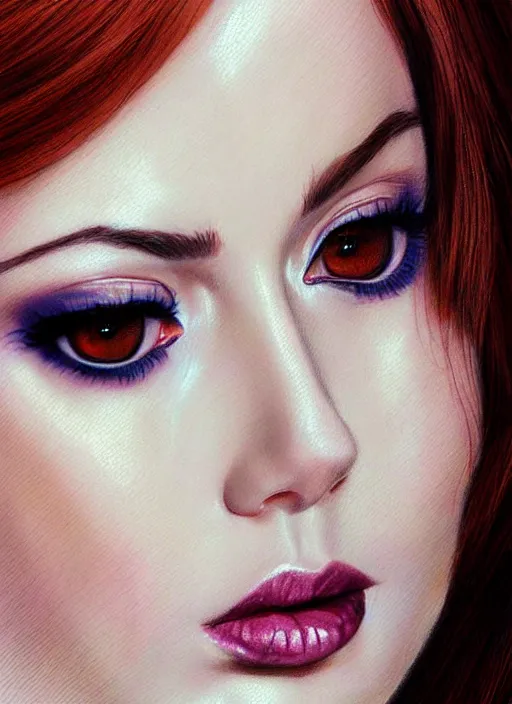 Prompt: sultry look in her eyes Karen Gillan close-up portrait looking straight on, complex artistic color pencil sketch illustration, full detail, gentle shadowing, fully immersive reflections and particle effects.