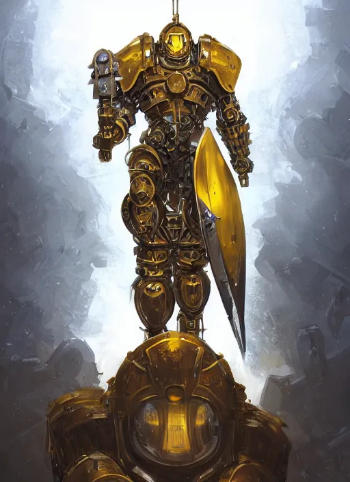 Image similar to dynamic portrait of a intricate glorious holy mechanical warforged character in yellow armor holding a paladin engraved great longsword and carrying a big paladin shield, spotlight from face , epic , trending on ArtStation, masterpiece, cinematic lighting, by Jesper Ejsing and by Yoann Lossel and by John Salminen and by Jackson Pollock and by Marc Simonetti