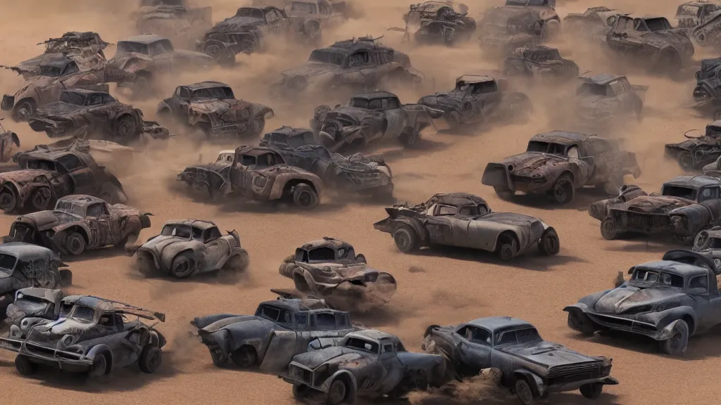 Image similar to pixar cars in mad max fury road, cartoon eyes, war boys, furiosa, explosions, imax