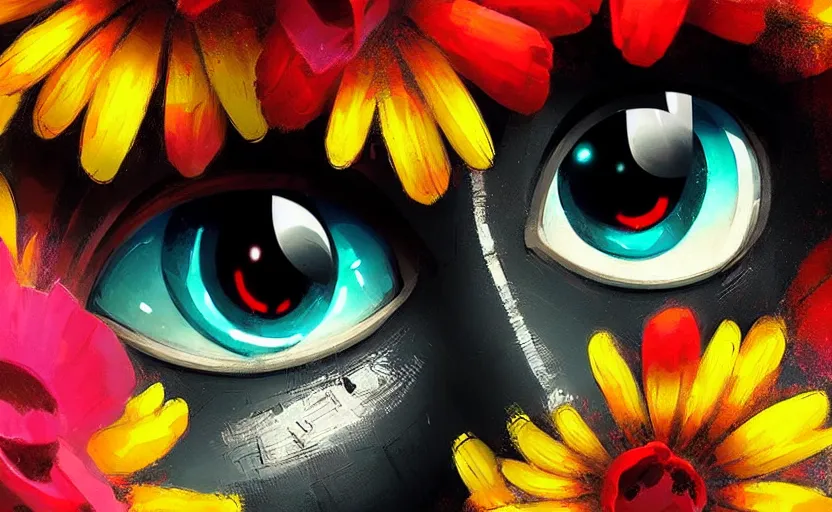 Image similar to close up of a beautiful flower with robot eyes in the middle maximalist bold colors by Greg rutkowski