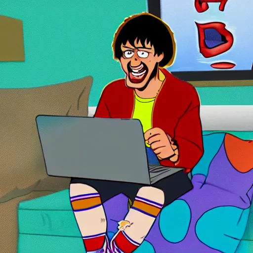 Image similar to shaggy from scooby doo with mismatching socks laptop and laughing