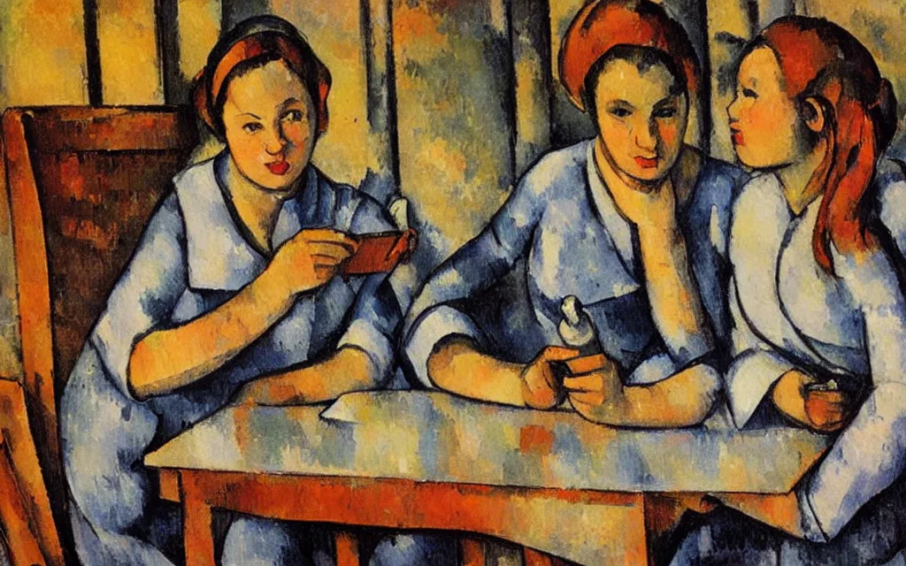 Image similar to in the style of paul cezanne. two hyperpop girls sitting at a wooden table in a bar looking at their phones. there is a bright red lamp hangig above the table. milkshakes