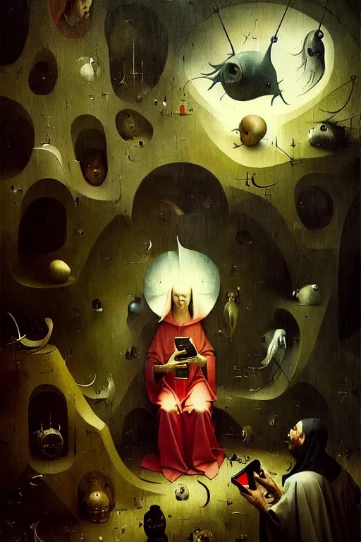 Prompt: hieronymus bosch, greg rutkowski, anna podedworna, painting of god using a cellphone