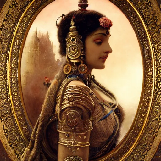 Prompt: detailed potrait of hindu traditional woman blindfolded by high - tech steam punk face armour, girl graceful,, painting by gaston bussiere, craig mullins, j. c. leyendecker, lights, art by ernst haeckel, john william godward, hammershøi,,