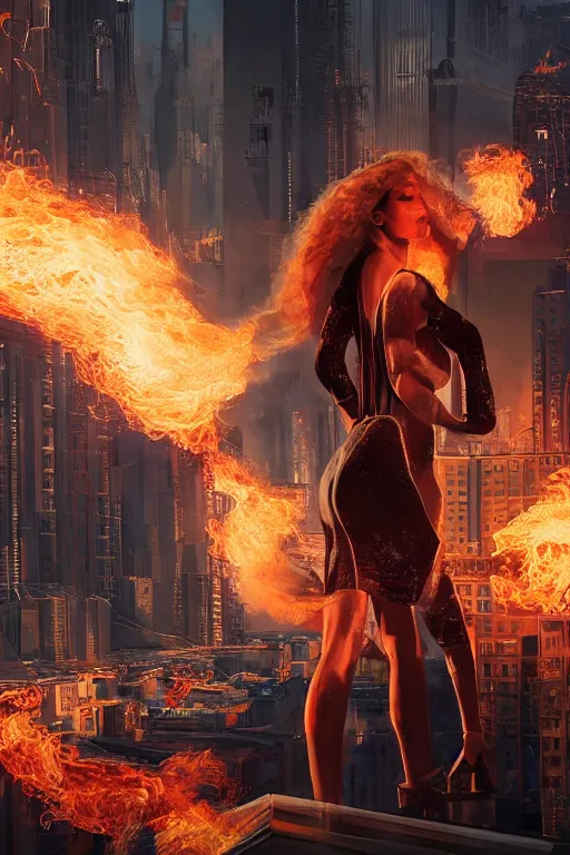 Image similar to in the foreground Saint Petersburg in cyberpunk, in the background a magnificent young blonde woman from behind playing with flames coming out of her hands wearing a long matrix-style jacket, realistic, high definition, many details, dramatic scene, symmetrical face, eyes realistic, art of michael komarck