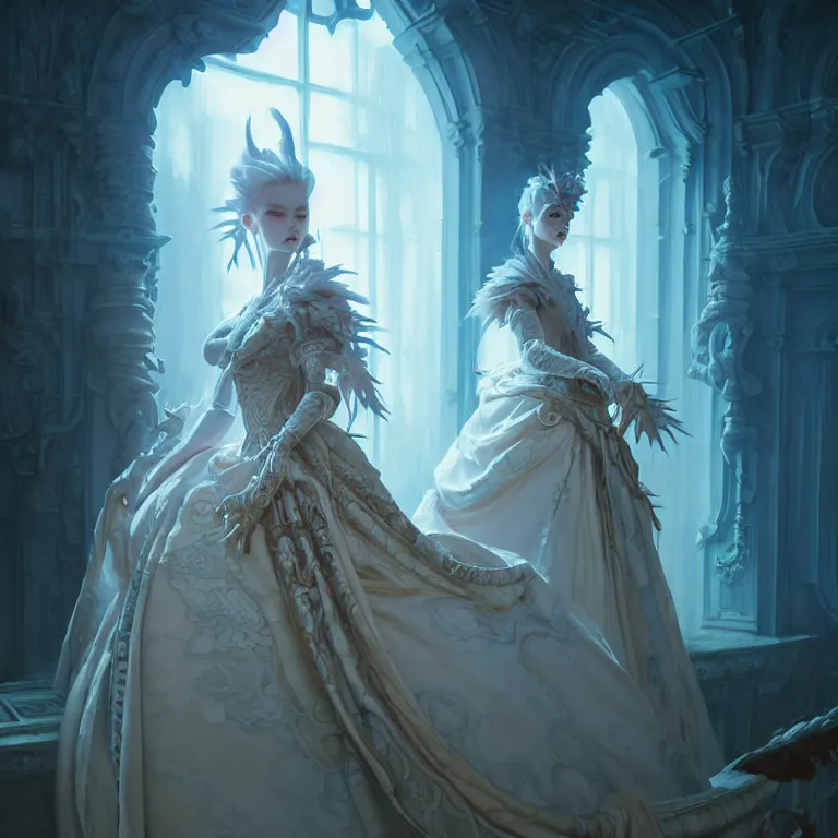 Image similar to portrait of a baroque princess dress from the fantasy world for the dragon queen atey gailan, greg rutkowski, greg tocchini, james gillard, joe fenton, kete butcher, dynamic lighting, gradient light blue, brown, light cream and white colors, grunge aesthetics, detailed and complex environment
