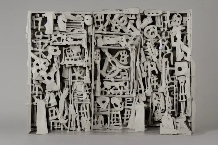 Prompt: a louise nevelson sculpture made of bones painted white, dramatic lighting, highly detailed
