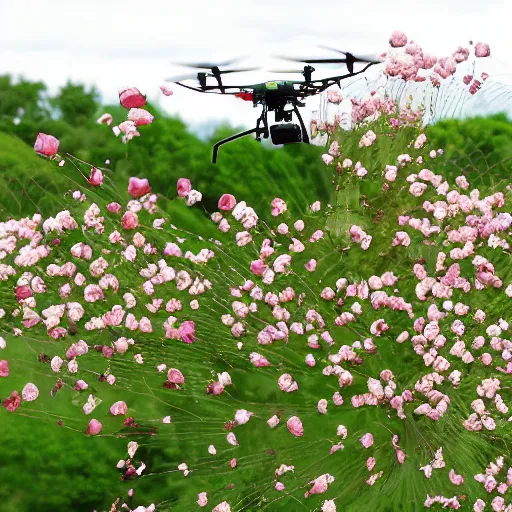 Prompt: rose chafer as a drone creating turbulence above flowers