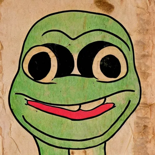 Image similar to ancient manuscript of pepe the frog on papyrus paper, ancient color illustrated, 30BC