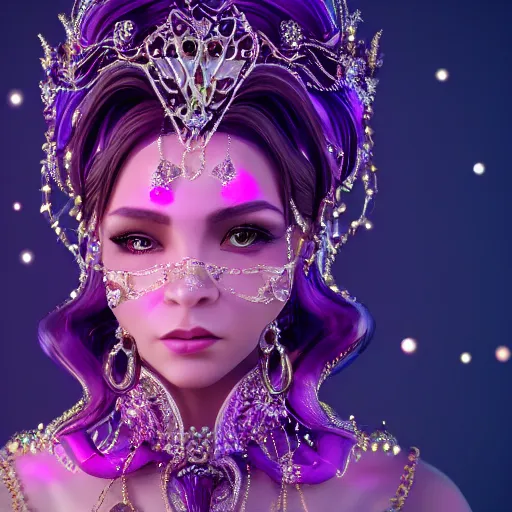 Image similar to portrait princess of amethyst, glowing, ornate and intricate purple jewelry, jaw dropping beauty, glowing background lighting, purple accent lighting, hyper detailed, fairy tale, 4 k octane render