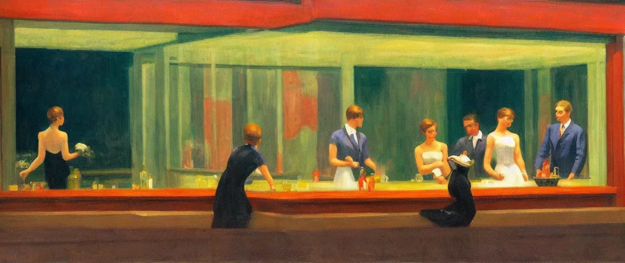 Image similar to three cups only do i propose for sensible men. one for health, the second for love and pleasure, the third for sleep ; when these have been drunk up, wise guests make for home, in the style of a beautiful edward hopper painting