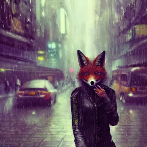 Prompt: beautiful portrait of a female anthro fox, smoking a cigarette in the rain, in crowded and wet street of a city, melancholic, cyberpunk, harsh neon lights, highly detailed, deep shadows, digital painting, shallow depth of field, illustration, art by sakimichan and greg rutkowski