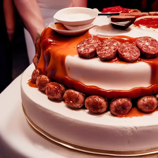 Image similar to a wedding cake made of meat and sausages with ketchup sauce. During wedding. Highly detailed 8k