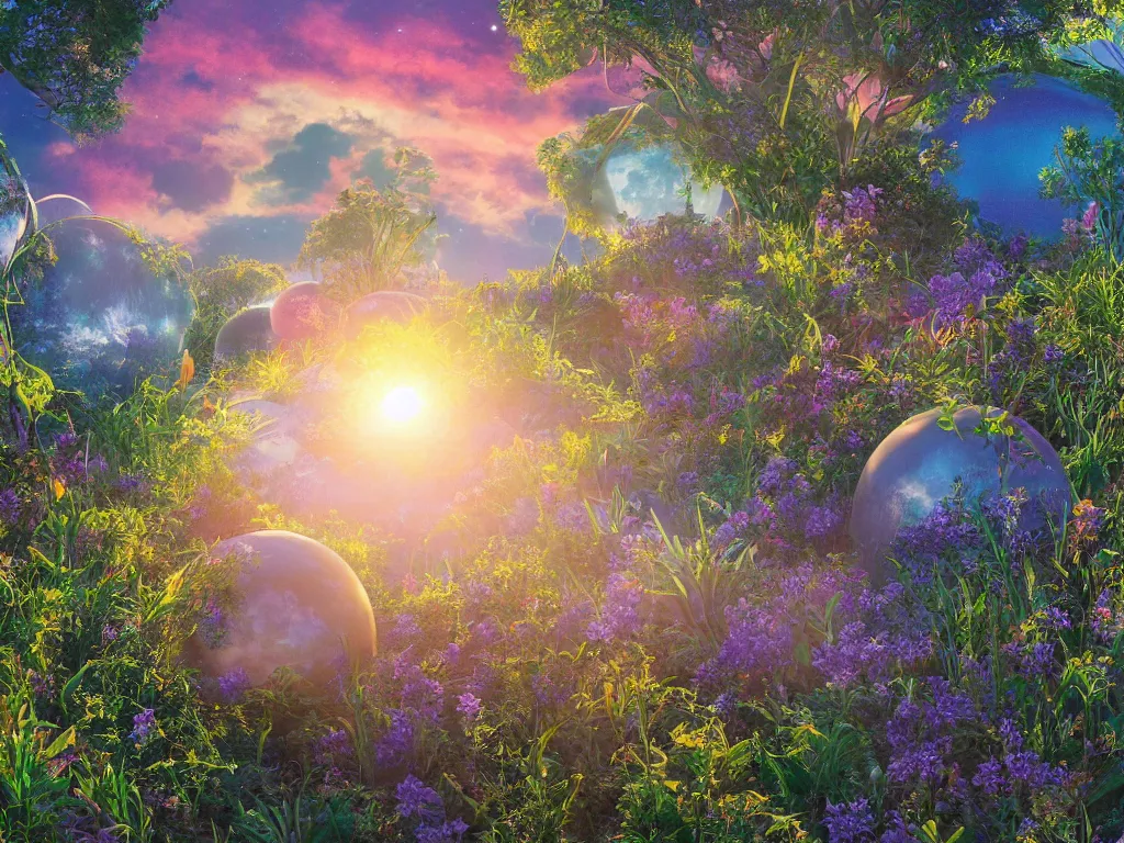 Prompt: sunlight study, the universe is a spheroid region 7 0 5 meters in diameter of kauai wildflower undergrowth, art nouveau, by hans zatzka and ( ( ( ( ( lisa frank ) ) ) ) ), 8 k, sharp focus, octane render