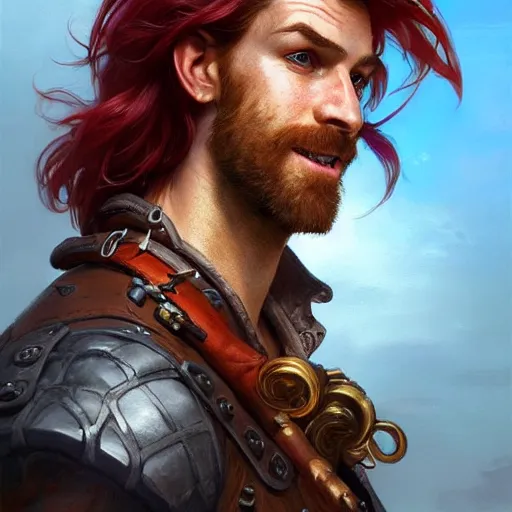 Image similar to portrait of a young ruggedly handsome but joyful pirate, male, masculine, upper body, crimson hair, long hair, d & d, fantasy, smirk, intricate, elegant, highly detailed, digital painting, artstation, concept art, matte, sharp focus, illustration, art by artgerm and greg rutkowski and alphonse mucha