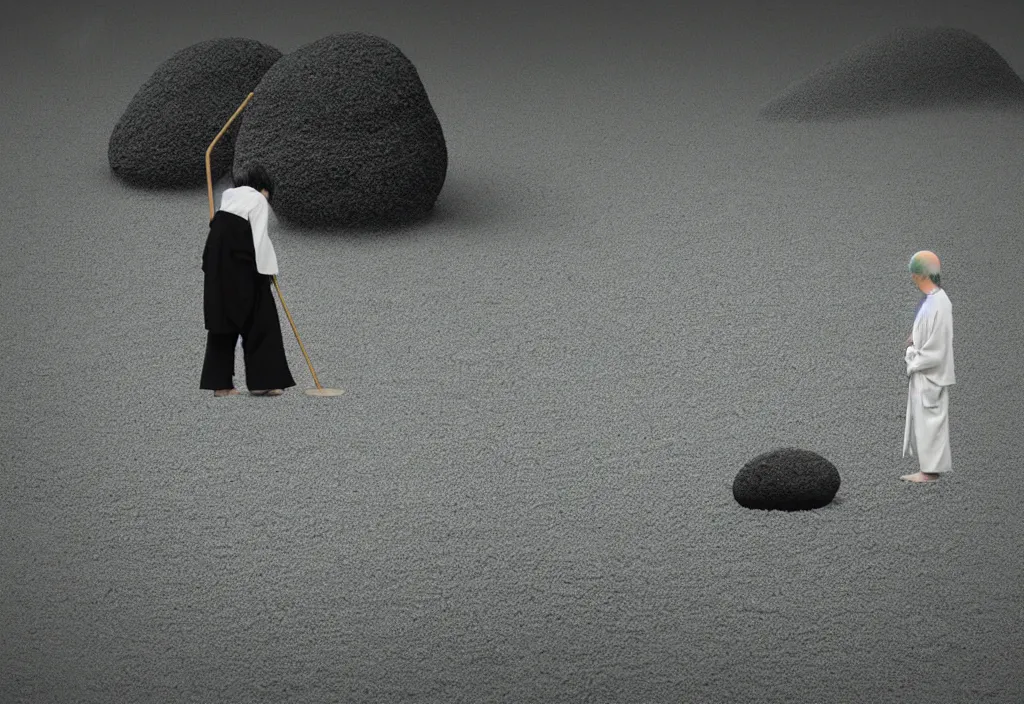 Image similar to portrait of a lone priest raking stones in a zen garden kyoto, japan, a collage painting, in the style of wes anderson, lola dupre, david hockney, isolated on negative white space background dark monochrome fluorescent neon spraypaint accents volumetric octane render