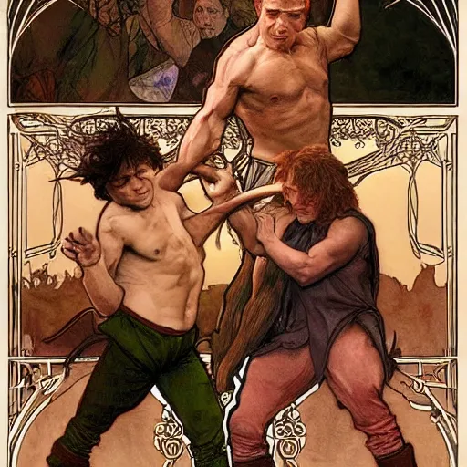 Prompt: hobbits wrestling with demons, hyper realistic, digital painting. art station. mood lighting, highly detailed, concept art, intricate, sharp focus, by shaun berke and alphonse mucha, milo manara - h 1 2 0 0