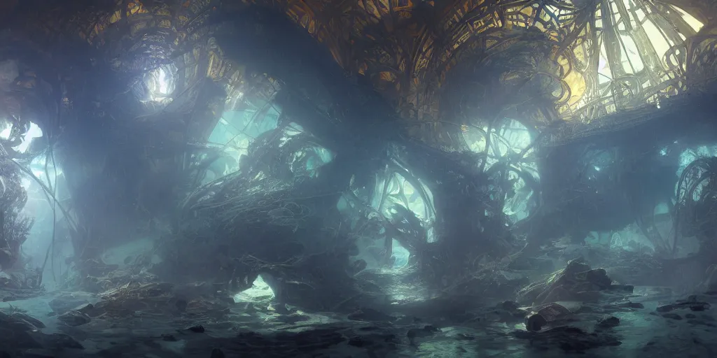 Image similar to an underwater landscape in the abyss, futuristic cathedral underwater, photorealistic, people, fishes, light rays from above the surface, realistic paint, specular light, high contrast, highly detailed, 4k, shallow depth of field, cinematic light, concept art, artstation, art by Enrich Victor, Alphonse Mucha