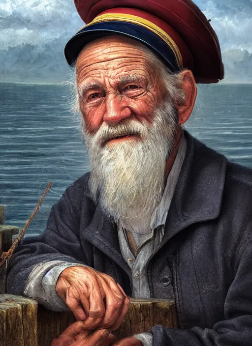 Image similar to realistic renderings of very old fisher man portrait with a hat, port scene background, astonishing scenes, detailed, photorealism