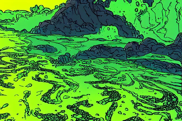 Prompt: glowing green rocks, toxic sludge, like where the hulk would live, landscape, comic book art style