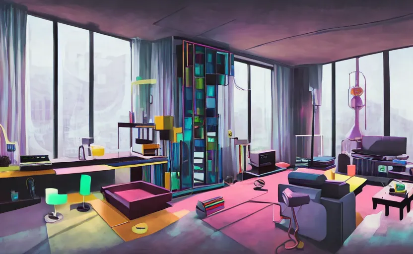 Image similar to Interior shot of a futuristic brutalist studio apartment with computers and colourful furniture by Petros Afshar and Beeple, James Gilleard, Mark Ryden, Wolfgang Lettl highly detailed