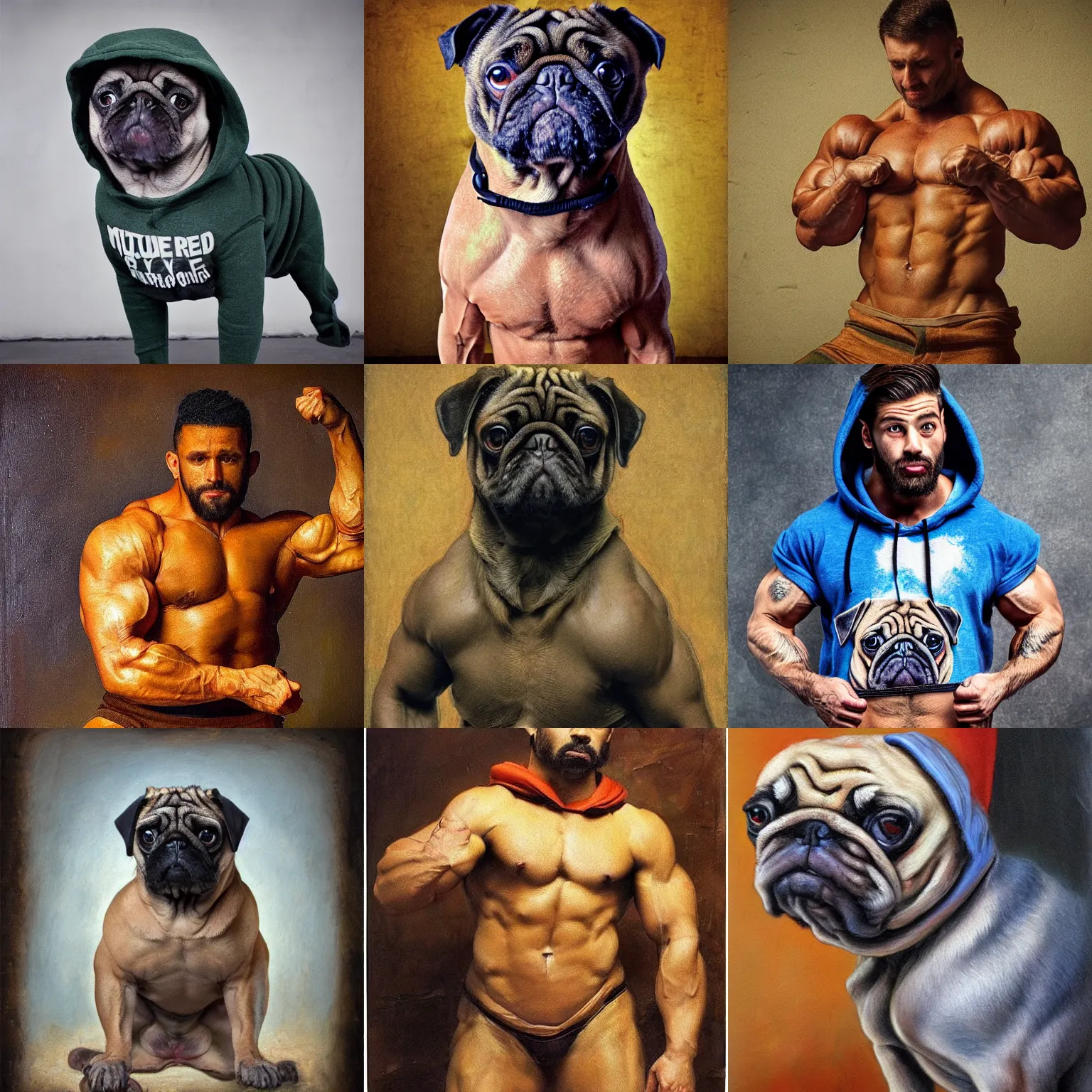 muscular pug is a bodybuilder is wearing a hoodie , Stable Diffusion