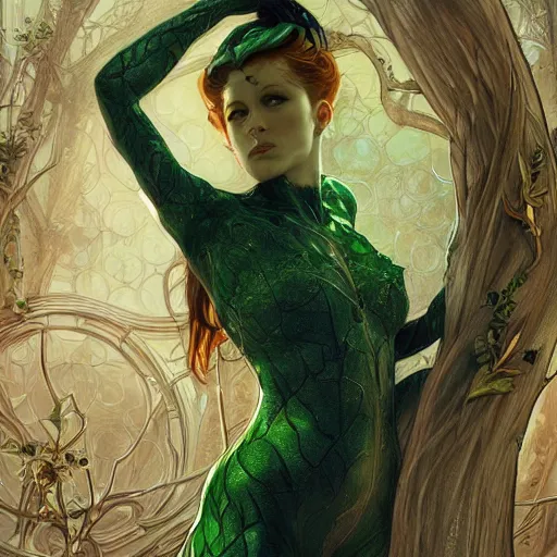 Image similar to full figure ultra realistic illustration, evan rachel wood as poison ivy, intricate, elegant, highly detailed, digital painting, artstation, concept art, smooth, sharp focus, illustration, art by artgerm and greg rutkowski and alphonse mucha