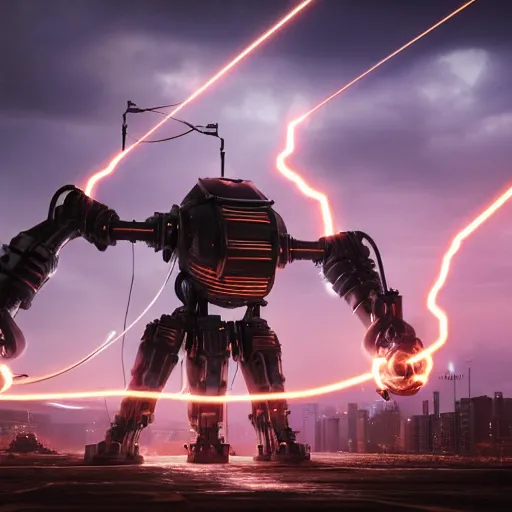 Prompt: big mech summoning lightning with its electricity coil arm, 3 d render, unity, steampunk, cyberpunk, plain background, extremely detailed, intense, epic, cinematic lighting, copper, pipes, metal, rusty, glowing electric, reflective, hdr,