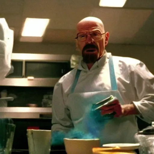 Prompt: a screenshot of Walter White cooking meth in Meet The Robinsons (2007) low quality, vhs quality,