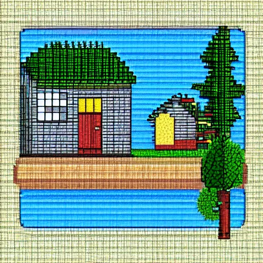 Prompt: A cozy little house by the lake, pixel art, by 1041uuu