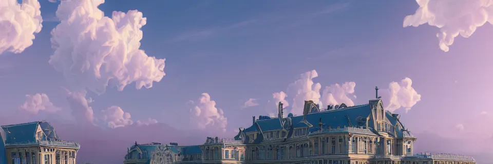 Prompt: beautiful digital illustration of an Art Nouveau palace in the sky, realistic clouds, pastel color scheme, reflecting pool, concept art, deviantArt, artsation, artstation HQ, HD, 16k resolution, octane, finalRender, Unreal Engine