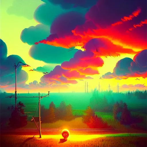 Prompt: 🦄😈☠🤖👾🔥, surreal photography, golden hour, colorful clouds, impressionist painting, digital painting, artstation, simon stalenhag