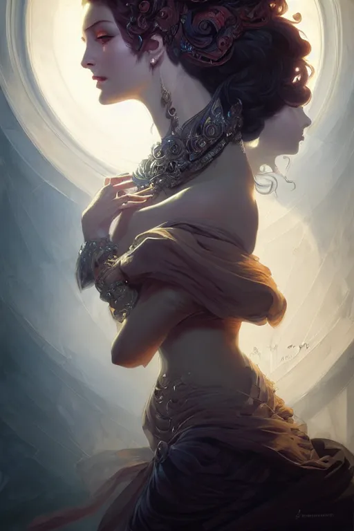 Prompt: portrait of the elegant and powerful empress of shadows in the style of charlie bowater, jean - honore fragonard, stephan martiniere, suehiro maruo. glowing, ornate and intricate linework, sharp focus, depth of field, stunning, dynamic lighting, ultrafine and hyperdetailed.