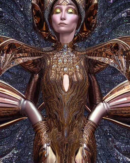 Prompt: a highly detailed metahuman 4 k close up render of an alien goddess bella hadid monument biblical accurate angel in iris van herpen dress schiaparelli in diamonds crystals swarovski and jewelry iridescent in style of alphonse mucha gustav klimt trending on artstation made in unreal engine 4