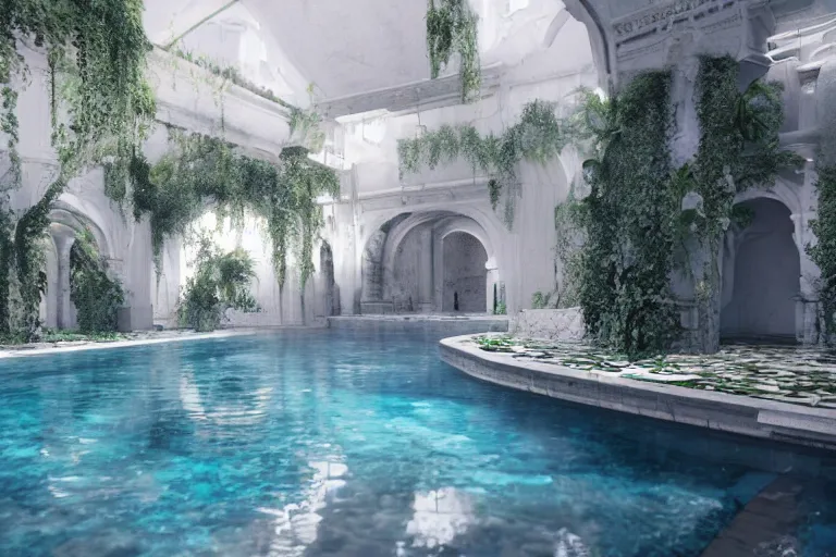 Image similar to serene pool in white citadel, hyper realistic, ambient lighting, concept art, intricate, hyper detailed, smooth, dynamic volumetric lighting, octane, raytrace, cinematic, high quality, high resolution, 4 k, cgsociety, rutkowski, gurney