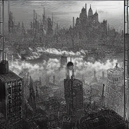 Prompt: dieselpunk city pollution river fog wires high detailed drawn by gustave dore perspective wide angle