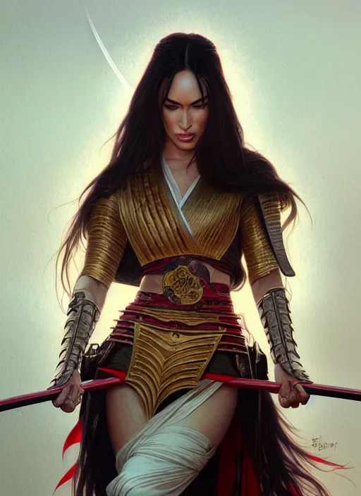 Image similar to portrait of megan fox as samurai, asian, katana, blossom, silk, japan, intricate, headshot, highly detailed, digital painting, artstation, concept art, sharp focus, cinematic lighting, illustration, art by artgerm and greg rutkowski, alphonse mucha, cgsociety