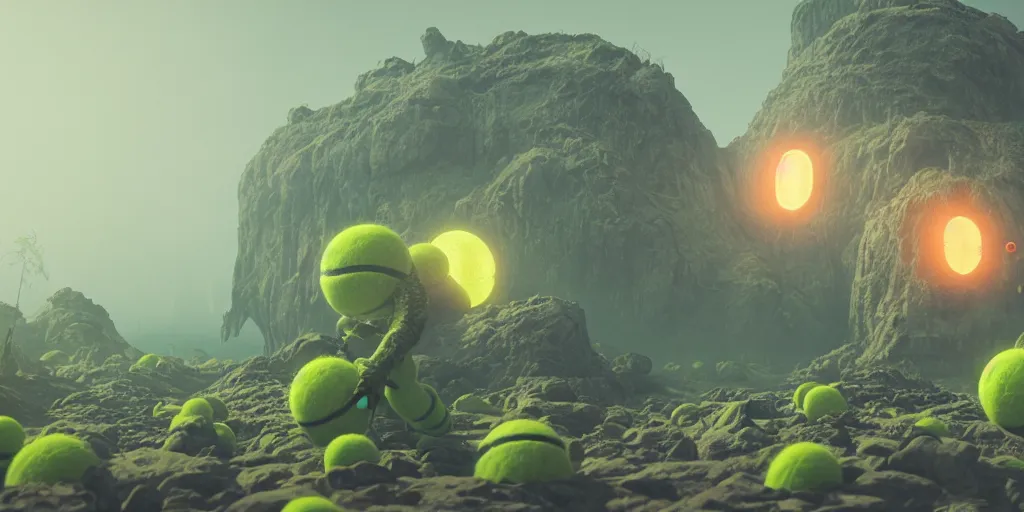 Prompt: a cinematic poster photo of 8 k ultra realistic tennis ball monsters, exotic, cinematic lighting, trending on artstation, 4 k, hyperrealistic, focused, high details, unreal engine 5, cinematic, alien planet atmosphere in background, 3 d render by beeple