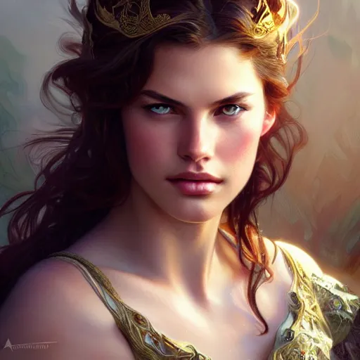 Prompt: beautiful young teen cameron russell, closeup, d & d, fantasy, intricate, elegant, highly detailed, digital painting, artstation, concept art, matte, sharp focus, illustration, art by artgerm and greg rutkowski and alphonse mucha