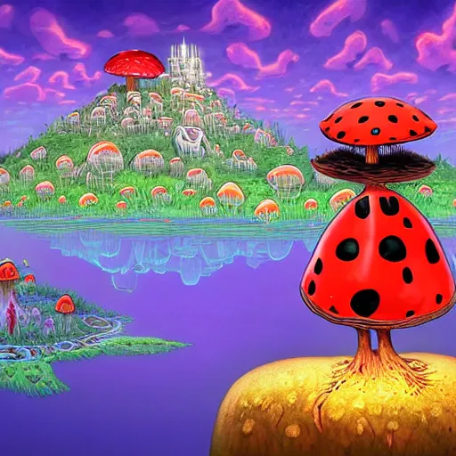 Image similar to 4 k headshot portrait of a psychedelic demonic anthropomorphic ladybug with mushroom themed clothes, magic mushroom village in background by jeff easley, award winning, stylized neon, post - processing, masterpiece, superb resolution. in the art style of junji ito and greg rutkowski. detailed mushroom city in background. hyper realistic anime. perfect art. dalle 2