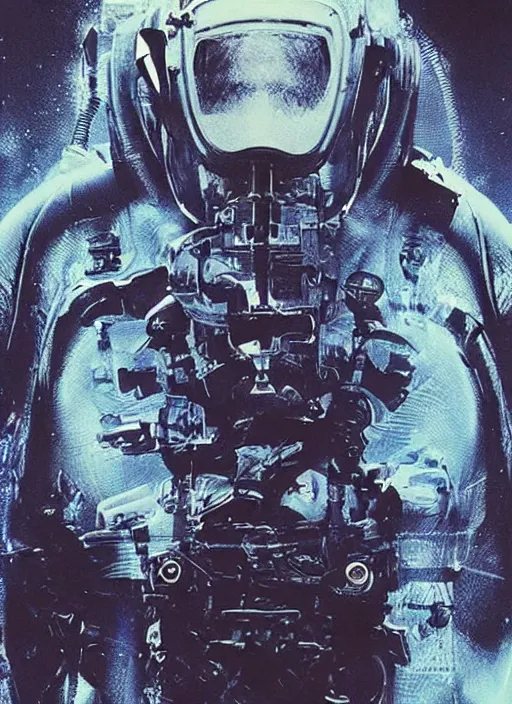 Image similar to astronauts in dark and empty void underwater - complex and hyperdetailed technical suit. reflection and dispersion materials. rays and dispersion of light. volumetric light. 5 0 mm, f / 3 2. noise film photo. flash photography. ultra realistic, wide angle. poster by wayne barlowe, hajime sorayama aaron horkey, craig mullins