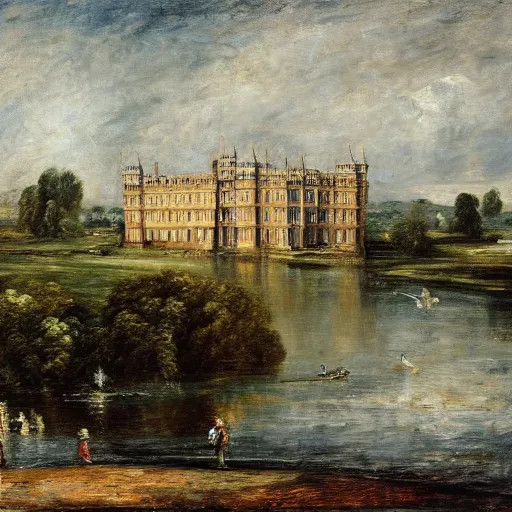 Prompt: painting of a large palace on the edge of a lake. Highly detailed. in the style of John Constable.