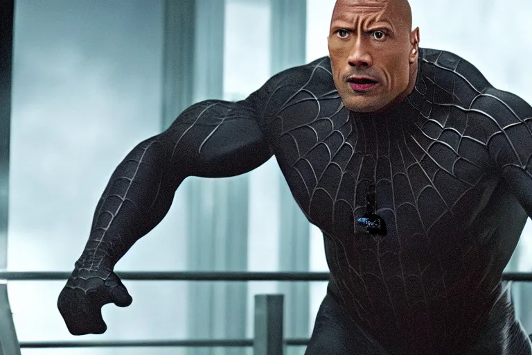 Image similar to film still of Dwayne Johnson as Eddie Brock in Spider-man 3 2007, 4k